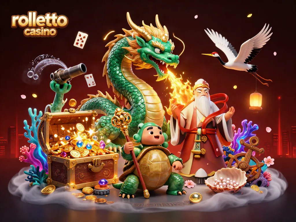 Experience excitement at rolletto casino with a vibrant 3D illustration of characters and treasures.