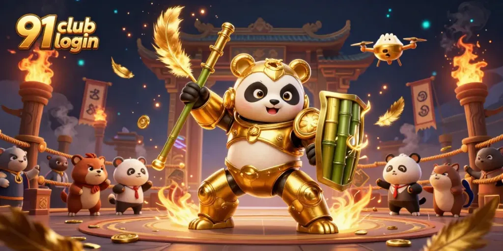 Engage with thrilling 91 club login action featuring a golden panda robot in a vibrant gaming arena.