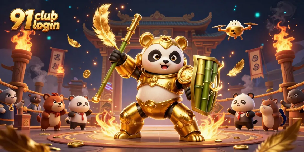 Engage with thrilling 91 club login action featuring a golden panda robot in a vibrant gaming arena.