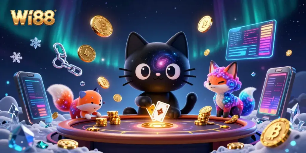 Engage in thrilling gaming action at WI88 with a cosmic casino theme featuring surreal characters.
