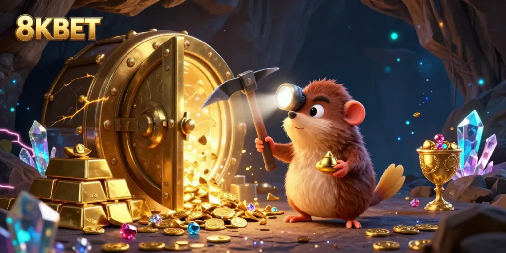 Experience the thrilling world of 8KBET with a treasure hunter and shimmering jewels in a vibrant casino setting.
