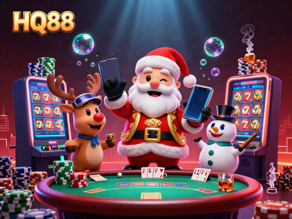 Experience thrill and rewards with HQ88's illustrated jackpot scene featuring festive characters and casino elements.