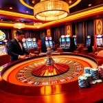 Experience excitement at NK88 with a vibrant roulette table and dazzling slot machines in a luxurious casino.