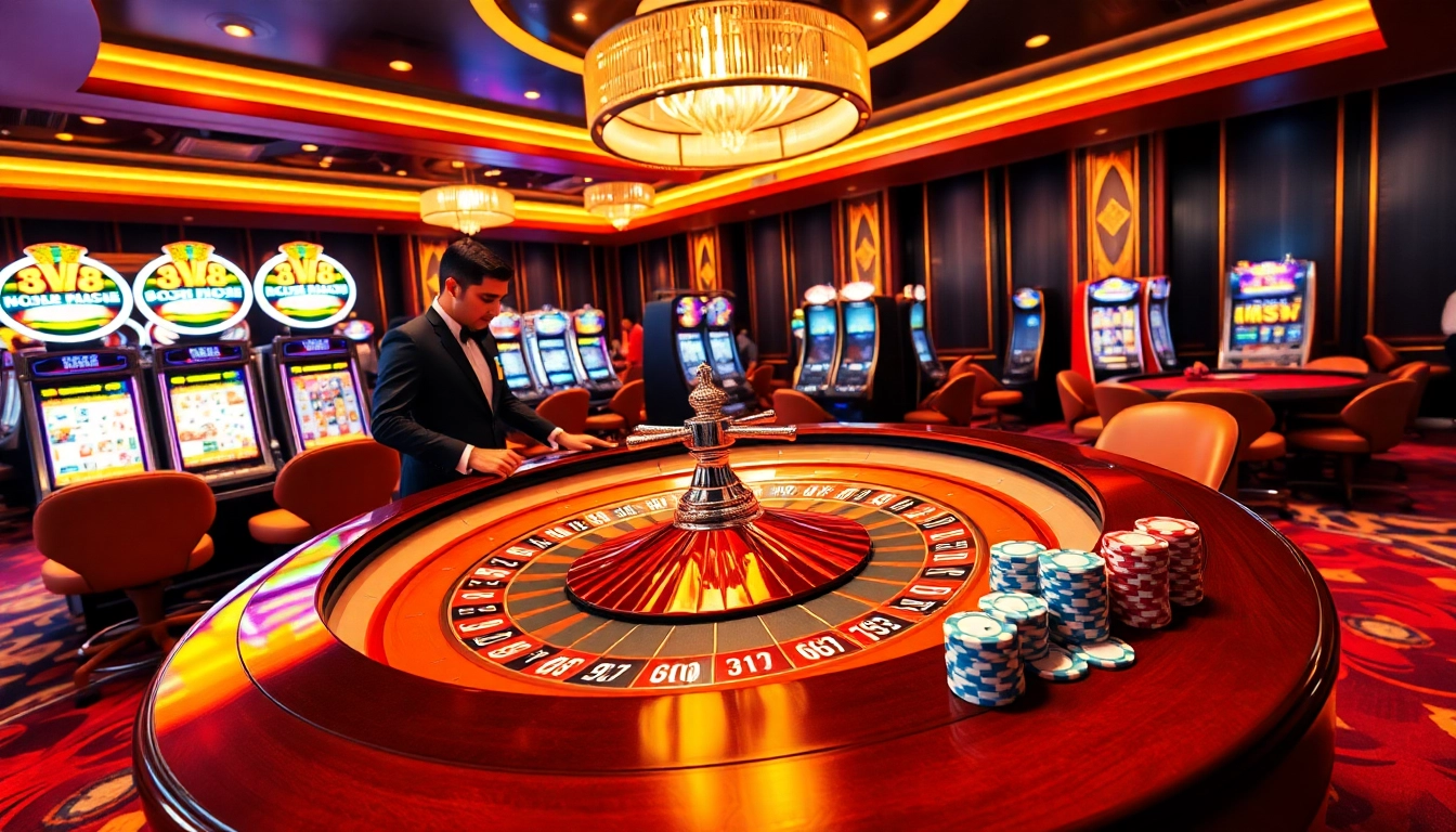 Experience excitement at NK88 with a vibrant roulette table and dazzling slot machines in a luxurious casino.