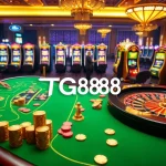 Players enjoying poker at TG888 casino with vibrant chips and bright slot machines.