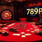 Engaged players strategizing at a poker table while highlighting 789P chips in a luxurious casino setting.
