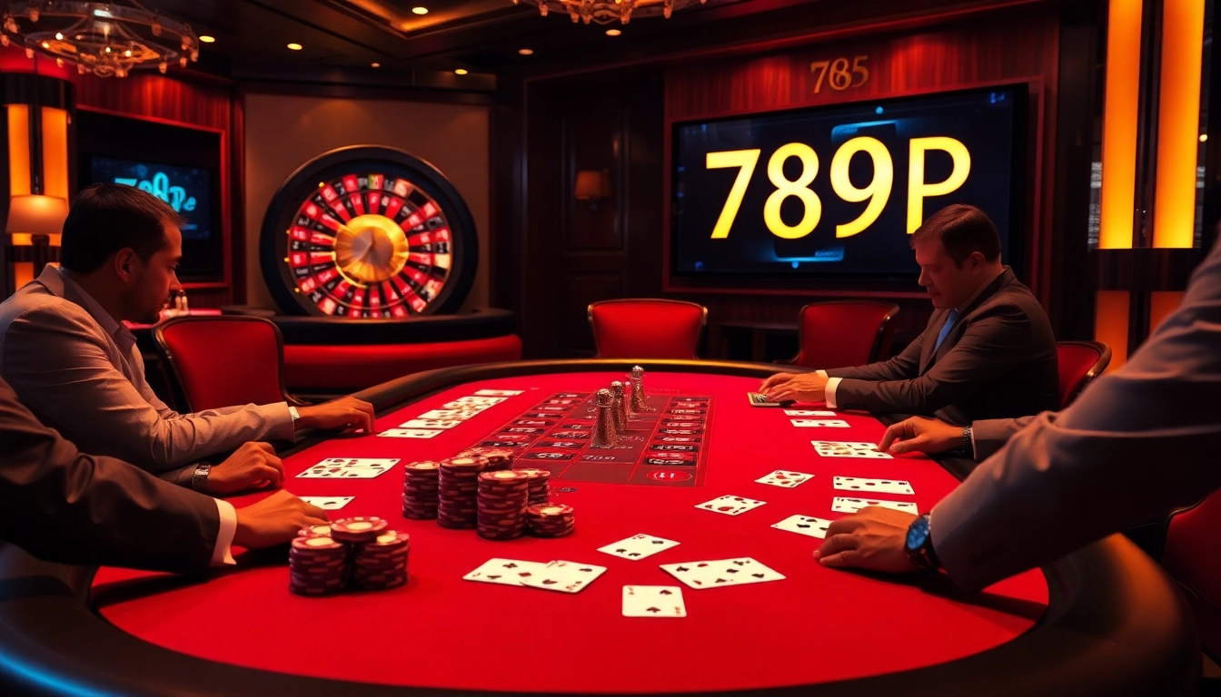 Engaged players strategizing at a poker table while highlighting 789P chips in a luxurious casino setting.