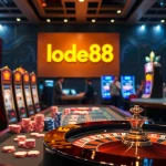 Lode88 players strategizing at a vibrant casino table with high-stakes poker chips.