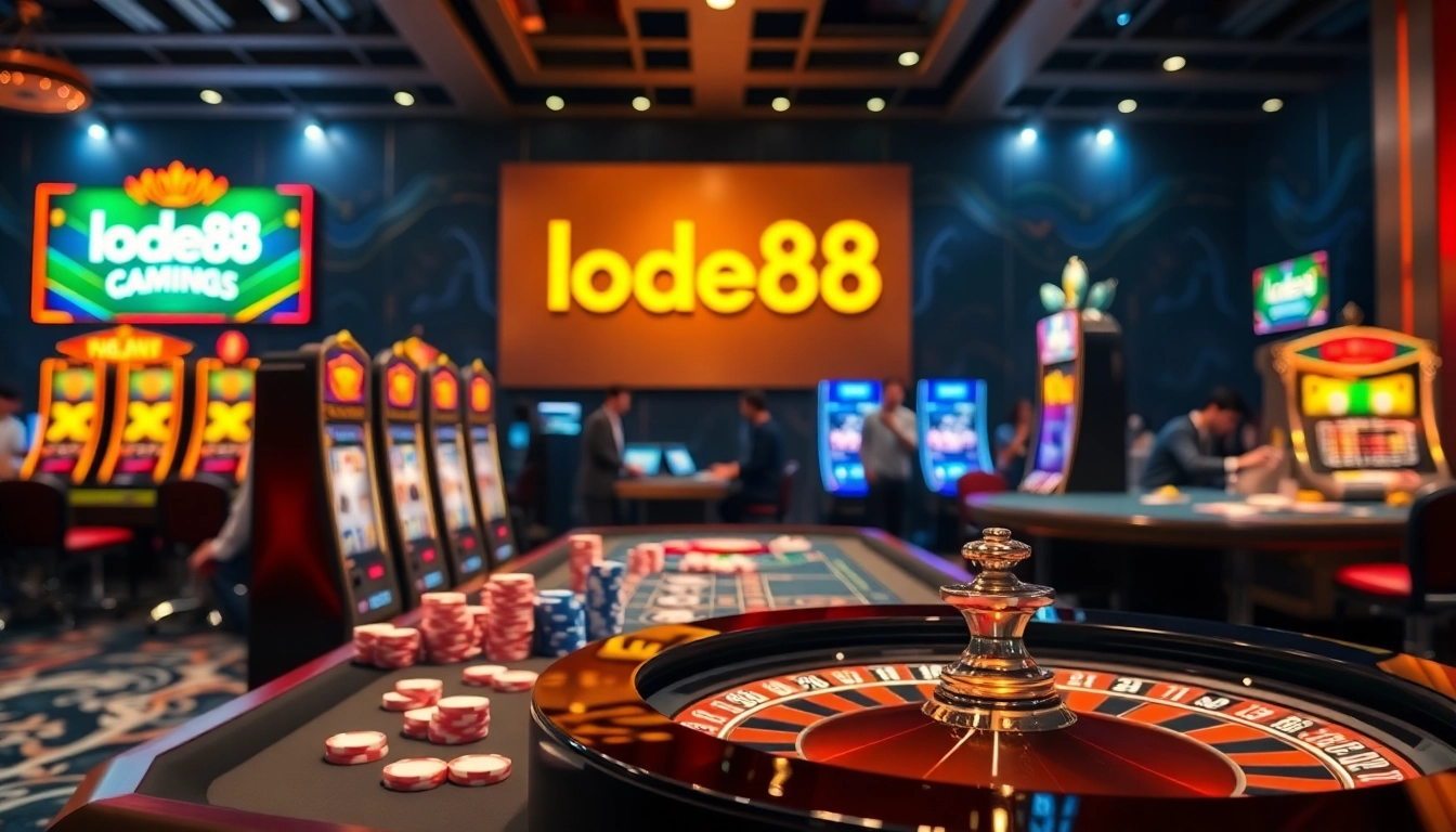 Lode88 players strategizing at a vibrant casino table with high-stakes poker chips.