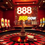 Experience the thrill of gambling at 888now with a luxurious casino ambiance featuring roulette and slot machines.