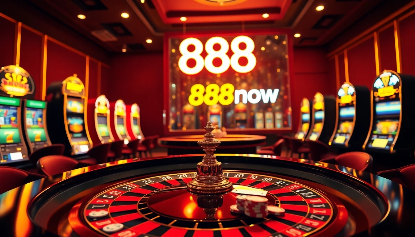 Experience the thrill of gambling at 888now with a luxurious casino ambiance featuring roulette and slot machines.