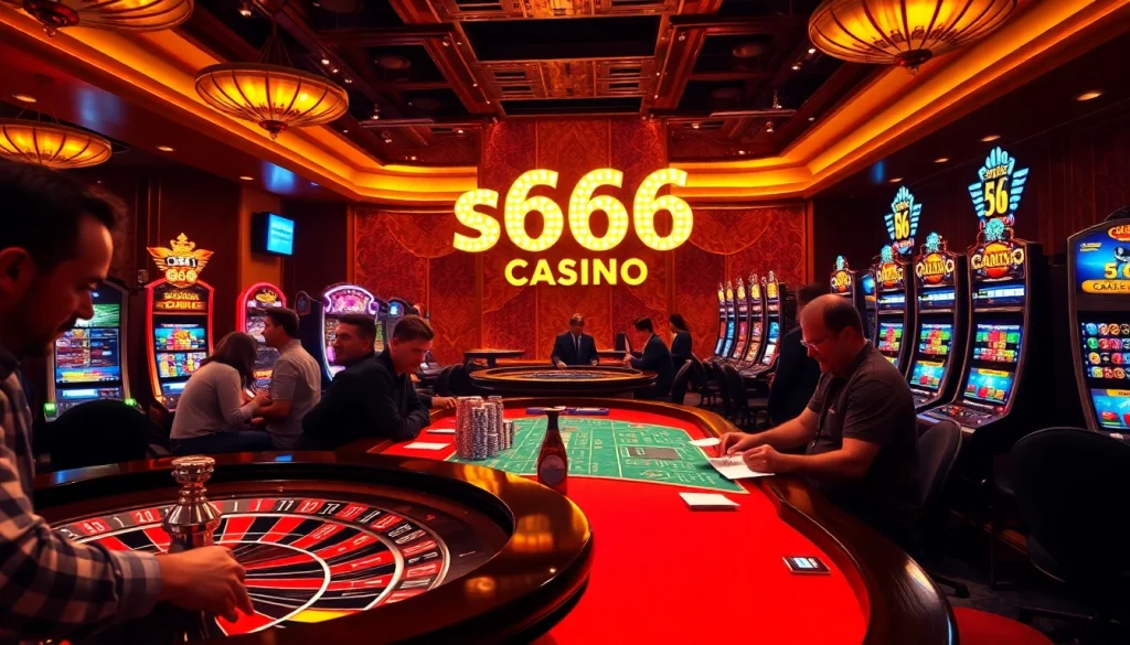 Players enjoying thrilling games at s666 Casino with roulette and poker tables.