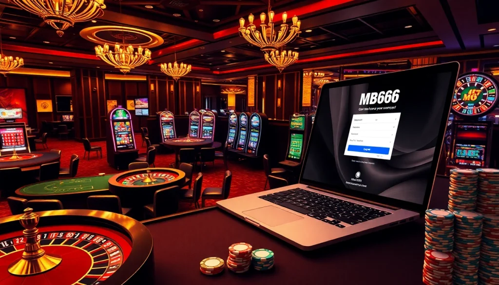 Engaging scene of MB66 đăng nhập at a luxurious casino, showcasing poker and slot machines.