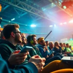 Exciting sports streaming scene with fans engaging through joemadfan.com, showcasing modern technology and lively atmosphere.