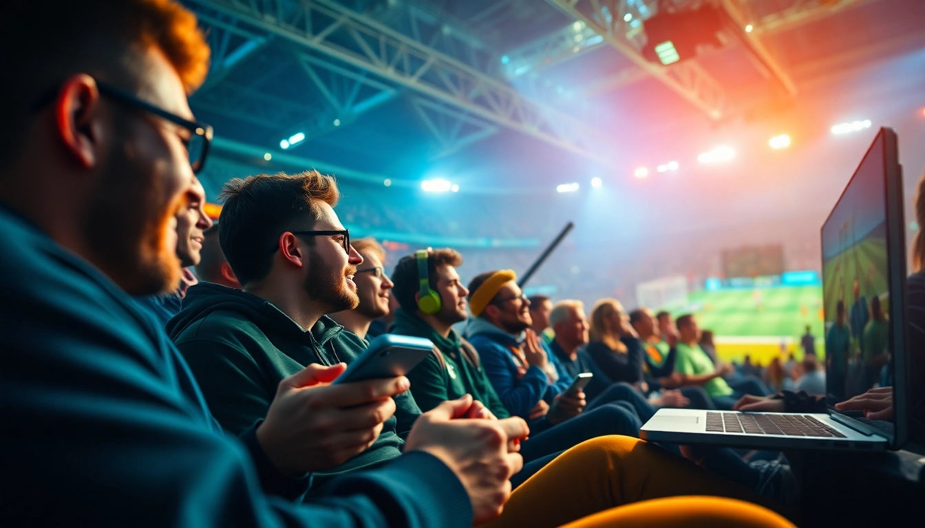 Exciting sports streaming scene with fans engaging through joemadfan.com, showcasing modern technology and lively atmosphere.