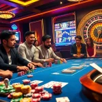 Engage in a thrilling casino experience with Okwin's vibrant gaming scene featuring poker tables and slot machines.