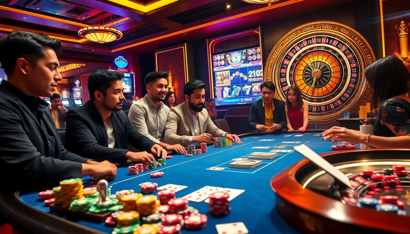 Engage in a thrilling casino experience with Okwin's vibrant gaming scene featuring poker tables and slot machines.