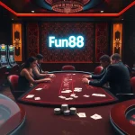 Fun88 players enjoying high-stakes poker in an elegant casino environment with luxurious decor.
