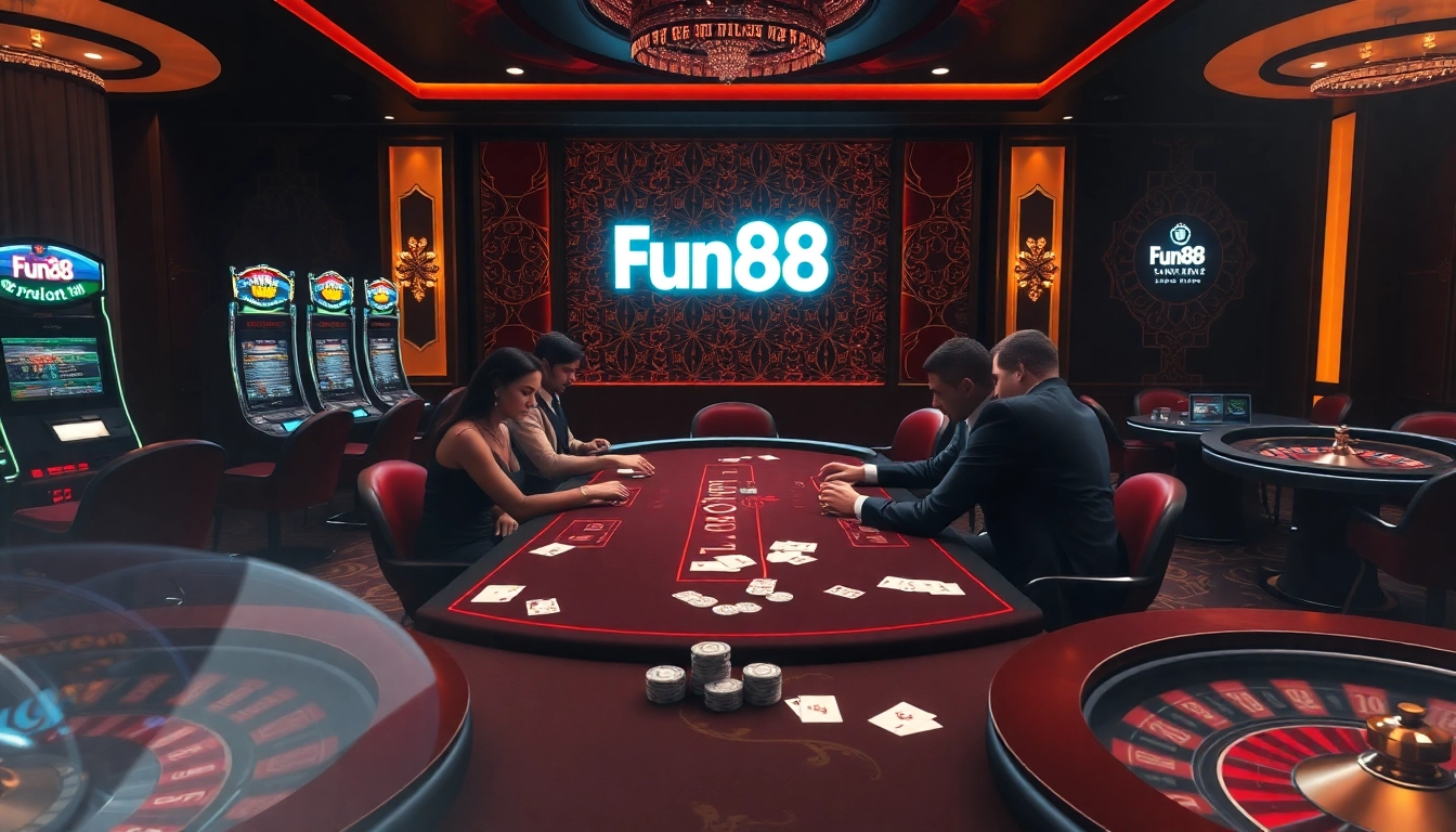 Fun88 players enjoying high-stakes poker in an elegant casino environment with luxurious decor.