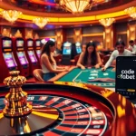 Exciting scene depicting a luxurious casino with vibrant gaming elements, featuring code fabet on online betting slips.