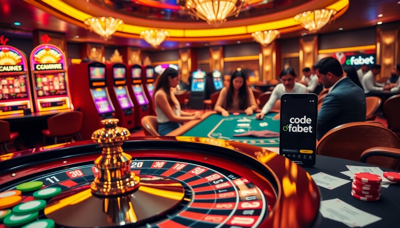Exciting scene depicting a luxurious casino with vibrant gaming elements, featuring code fabet on online betting slips.