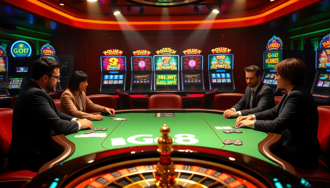Engage in thrilling poker at Go8's luxurious casino with vibrant tables and colorful chips.
