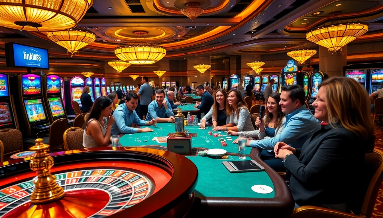 Engaged players enjoying gaming thrills with Link HU88 features at a luxurious casino.
