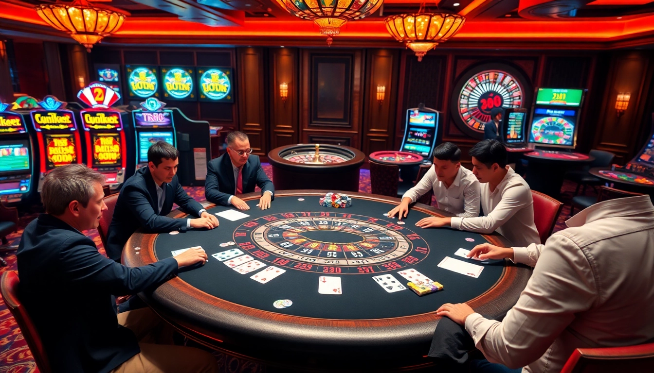 Experience the excitement of gambling at a high-stakes TR88 blackjack table with vibrant slots in the background.