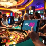 Exciting casino scene showcasing gamblers using the mu88 app on smartphones, surrounded by roulette and poker.