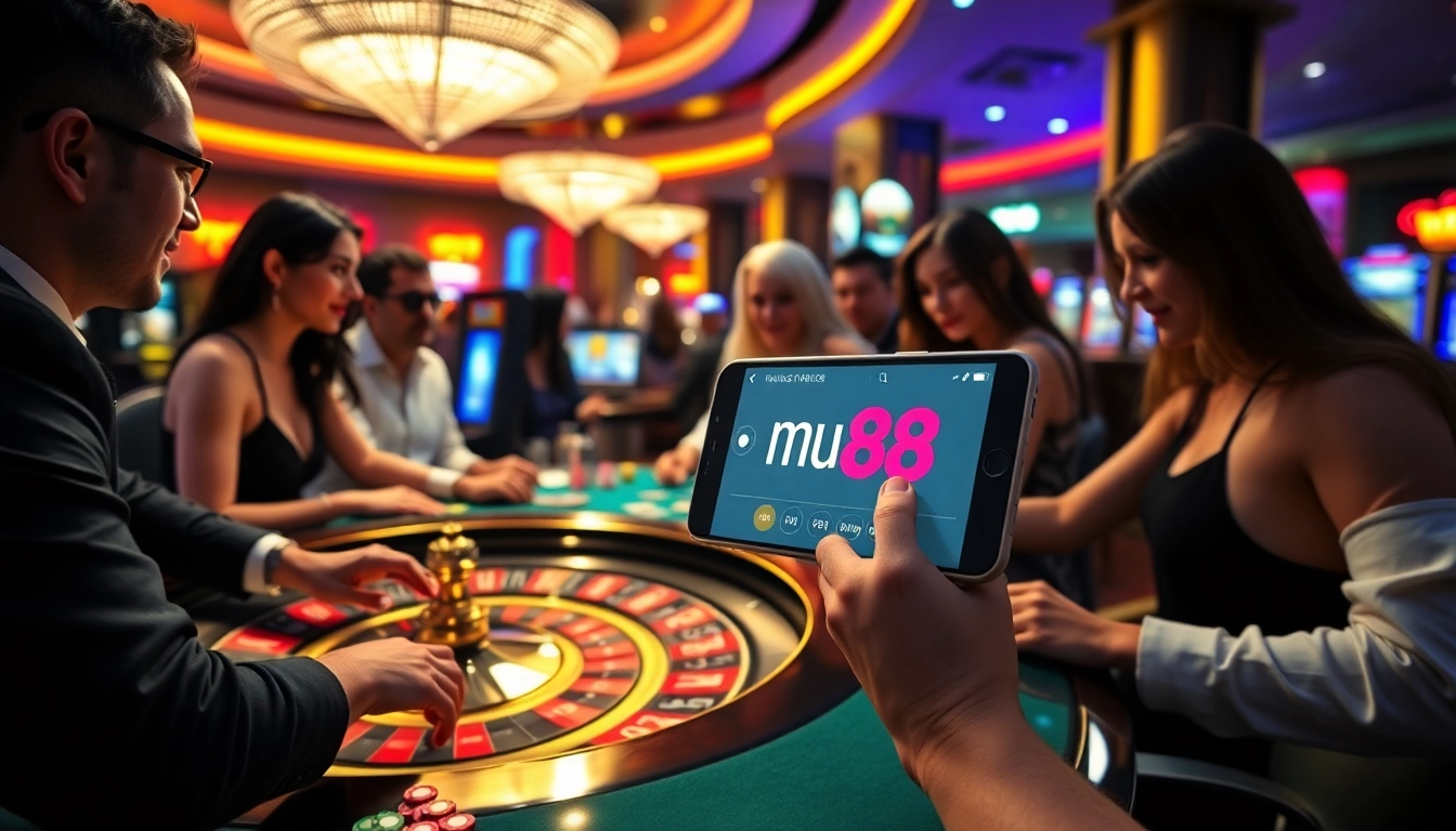 Exciting casino scene showcasing gamblers using the mu88 app on smartphones, surrounded by roulette and poker.