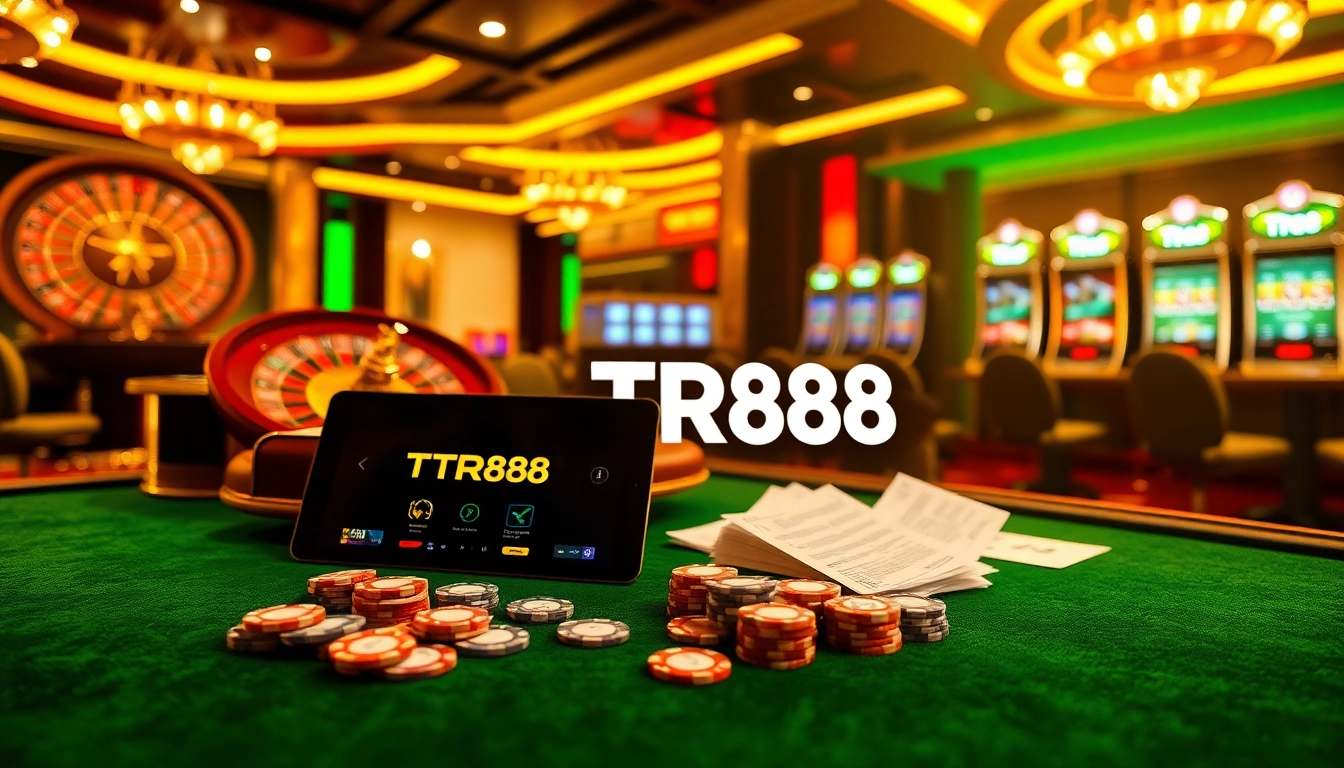 Engaging online gambling scene featuring TR88 casino tables and vibrant slot machines.