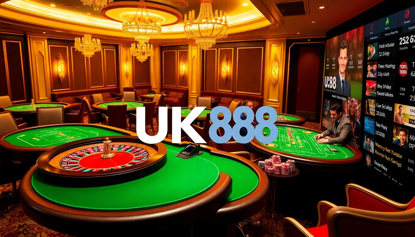 Players engage intensely at a luxurious casino table featuring UK88, showcasing excitement and professionalism.