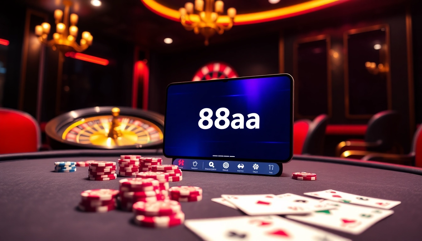 Win big with 88aa in an elegant casino setting, showcasing poker and roulette action.