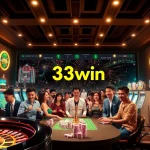Experience the excitement of 33win with players enjoying various games in a luxurious online casino setting.