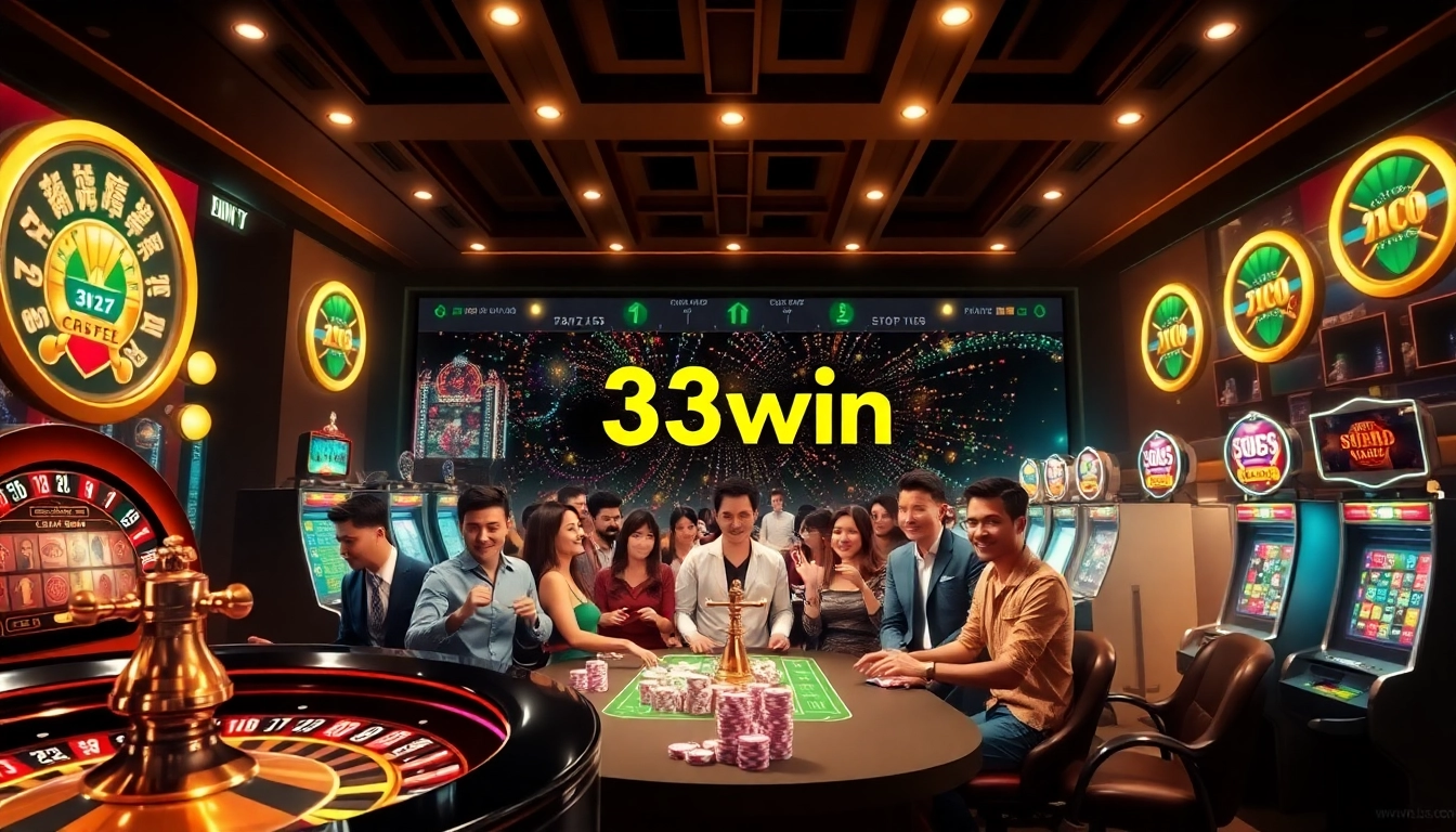 Experience the excitement of 33win with players enjoying various games in a luxurious online casino setting.