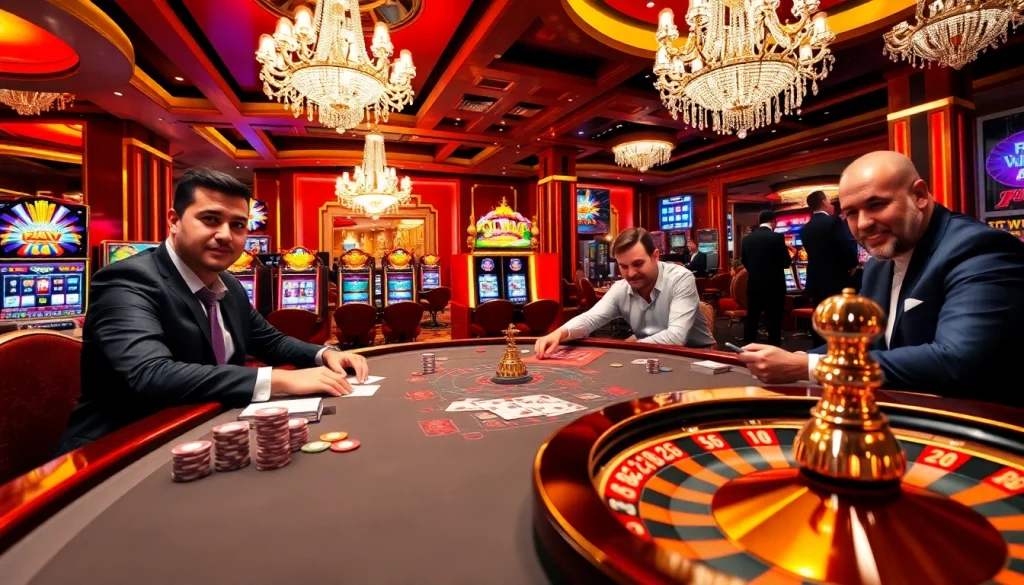 F168 OKVIP players engaging at a luxurious casino table with poker chips and cards.