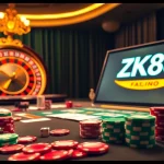 ZK88 gaming table showcasing vibrant poker chips and a roulette wheel, embodying excitement and luxury.