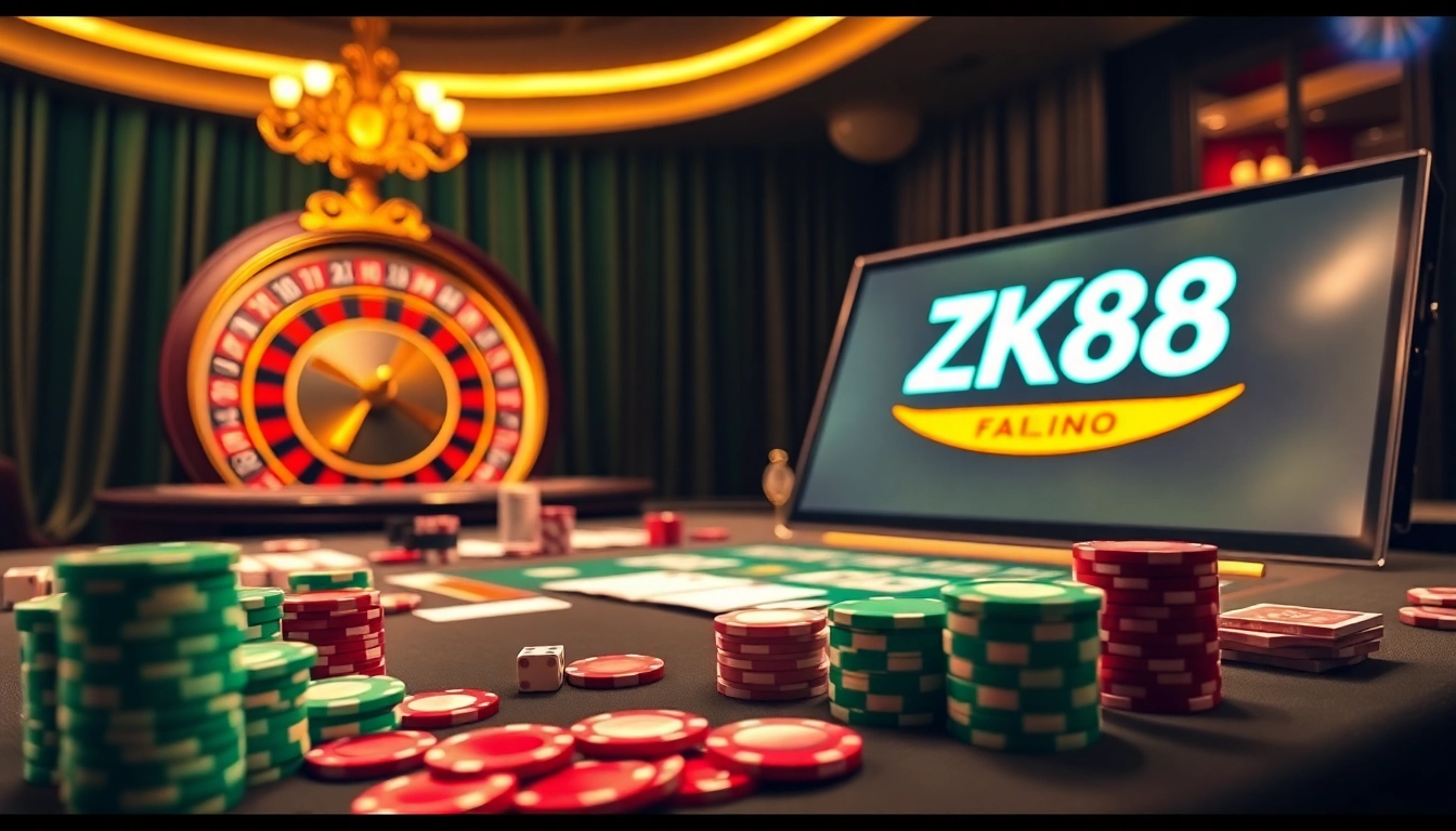 ZK88 gaming table showcasing vibrant poker chips and a roulette wheel, embodying excitement and luxury.