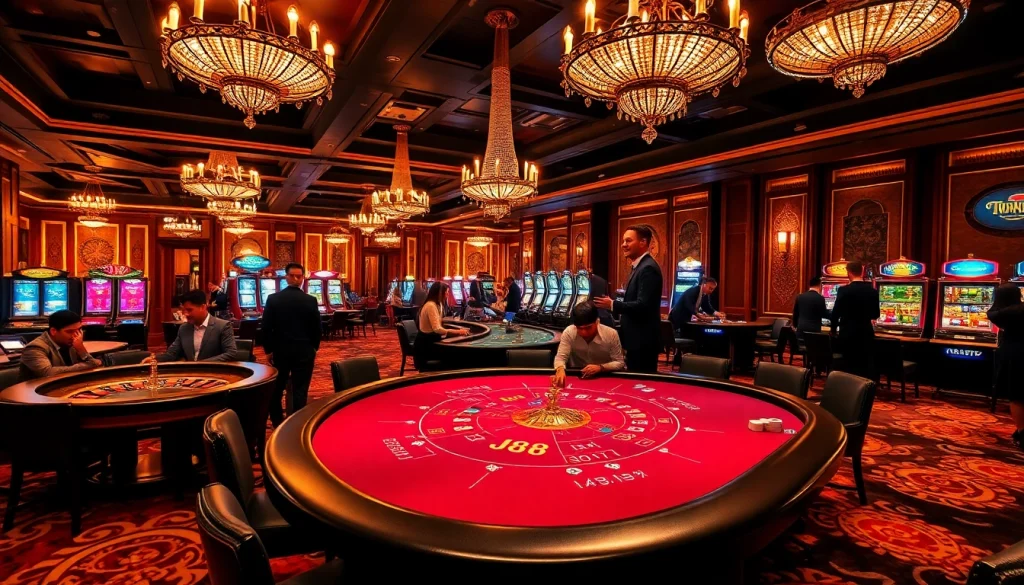 Experience thrilling j88 gaming at a vibrant casino table filled with colorful chips.