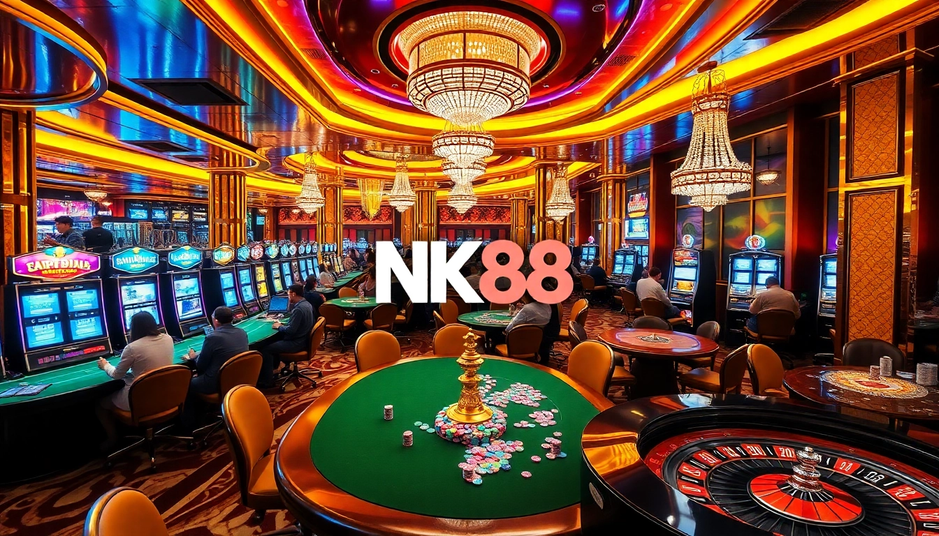 Engaging gamblers in a vibrant NK88 casino environment with roulette and poker tables showcasing excitement.