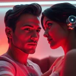 Engaging interaction with a sex ai character in a cozy, high-tech environment.