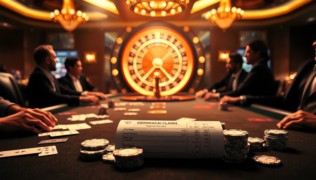 Engage with keonhacai.claims for a thrilling casino poker game experience with vibrant chips and betting slips.