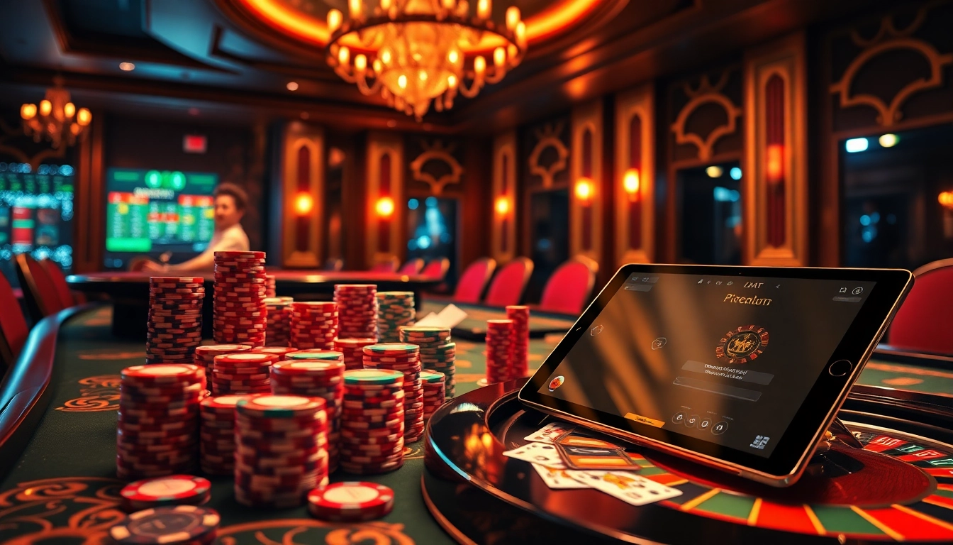 Lode88 ai players strategizing over a luxurious casino table with poker chips and roulette.