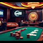 Experience the excitement at fun88 with players enjoying poker, slot machines, and roulette in a luxury casino setting.