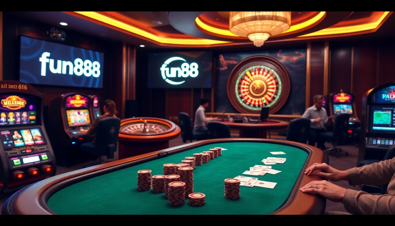 Experience the excitement at fun88 with players enjoying poker, slot machines, and roulette in a luxury casino setting.