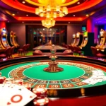Experience thrilling gameplay at rikvip's luxurious casino setting, featuring poker chips and a lively roulette table.