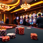 Exciting moment at a luxurious casino with go88 gaming tables, vibrant chips, and slot machines.