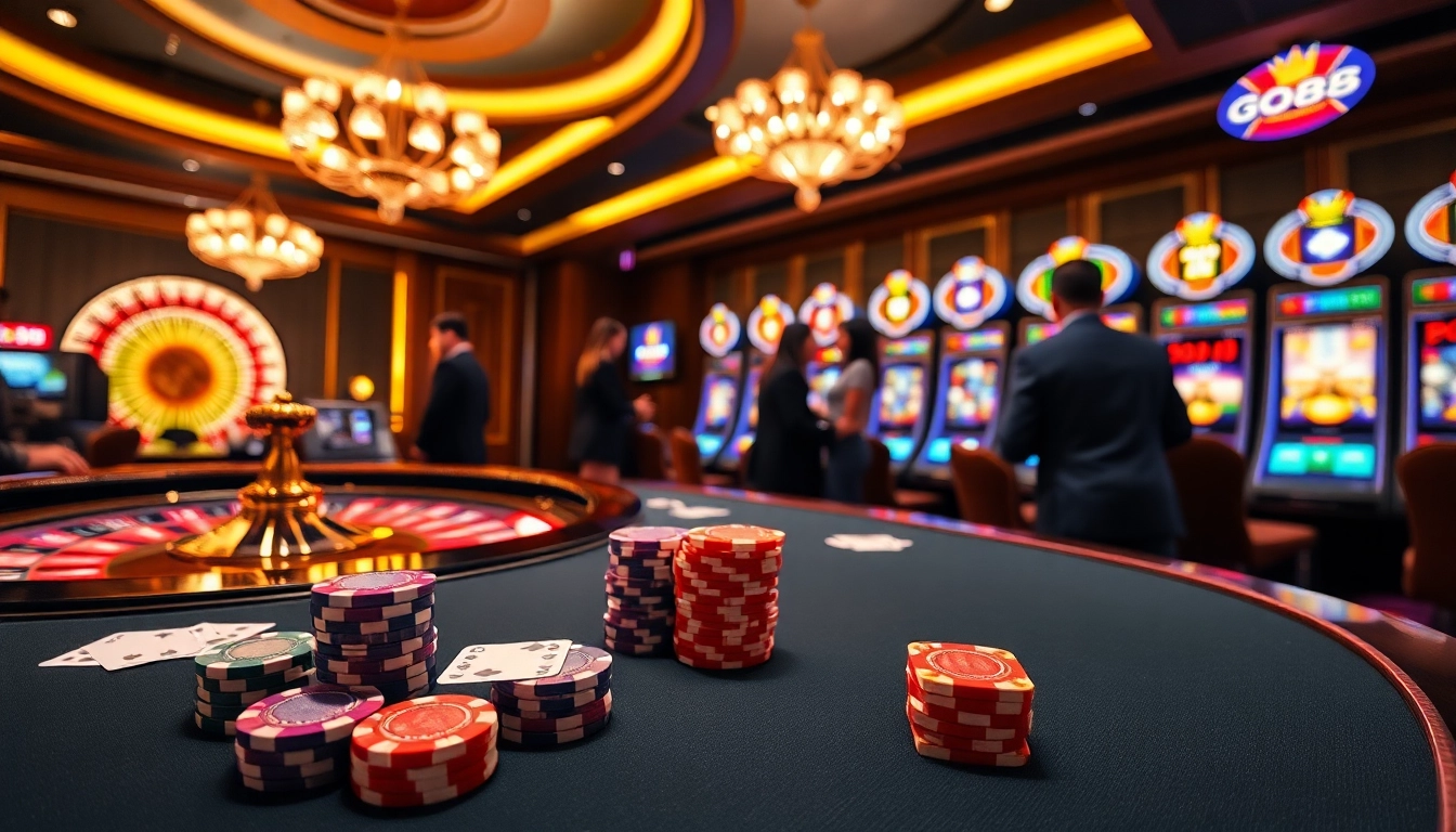 Exciting moment at a luxurious casino with go88 gaming tables, vibrant chips, and slot machines.