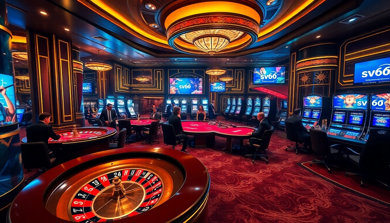 Competitive players engaging with sv66 online casino games amidst vibrant lights and rich decor.