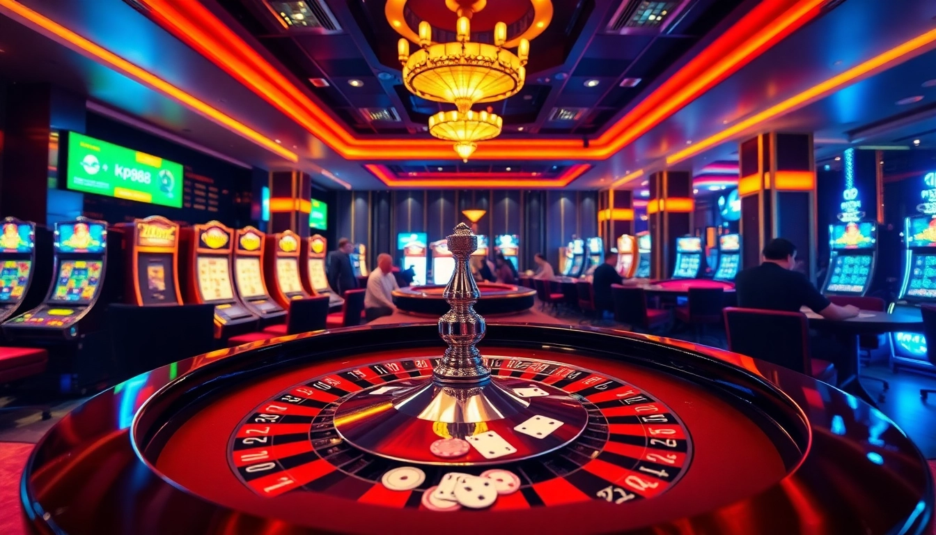 Kp88 players enjoying high-stakes gambling at a luxurious casino roulette table